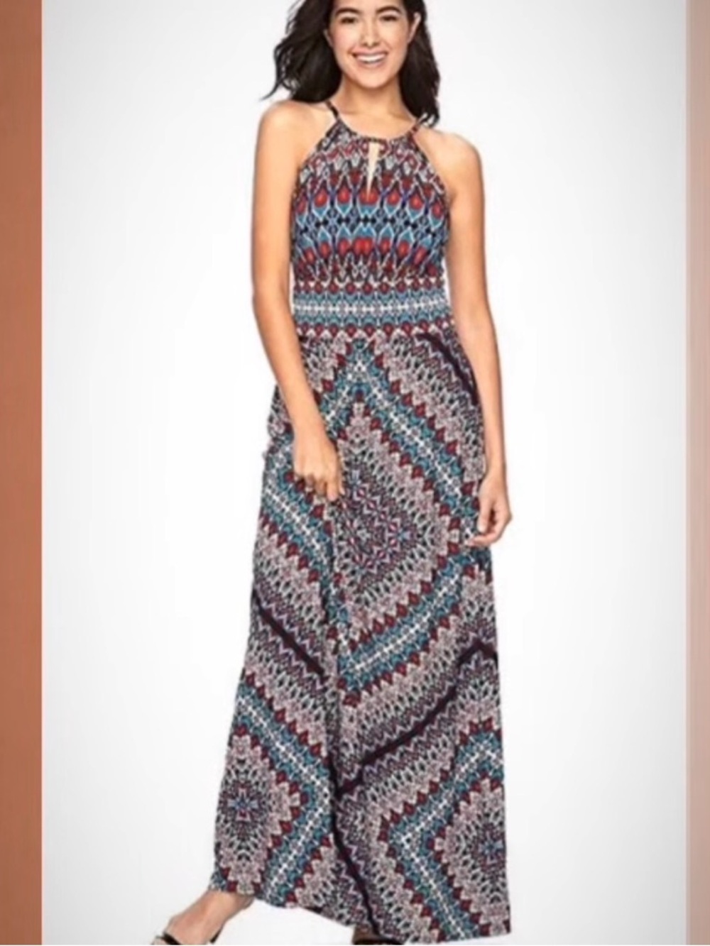 London Times Halter Maxi Dress in Blue, Burgundy & Navy Geometric Print